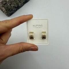 Çok Şeritli Taş Detaylı Gold Mini Halka Küpe