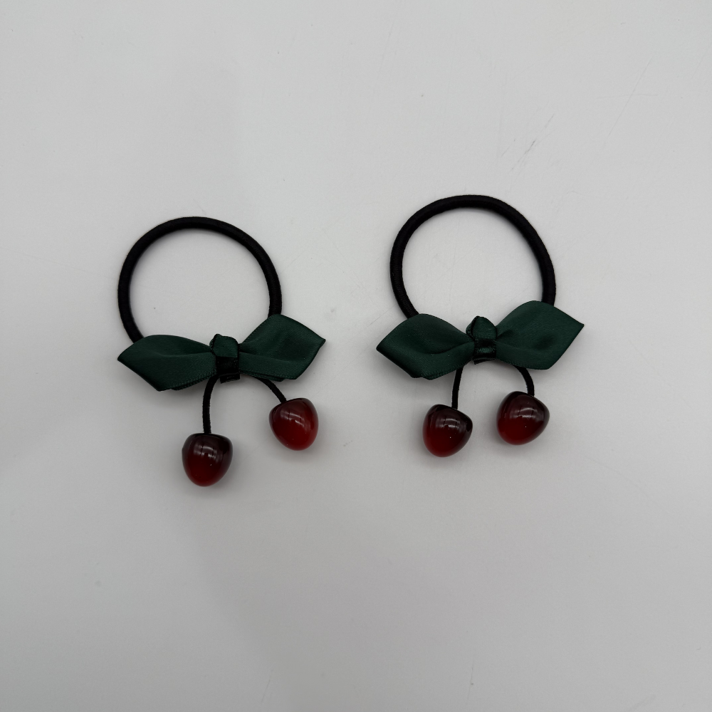 Kiraz Detaylı Yeşil Fiyonk Saç Lastiği Seti