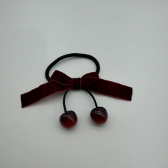 Kiraz Detaylı Bordo Kadife Fiyonk Saç Lastiği